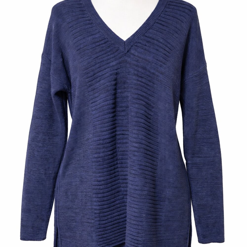 Ellen Tracy Navy Ribbed V-Neck Sweater Women’s Soft Stretch Long Sleeve Classic